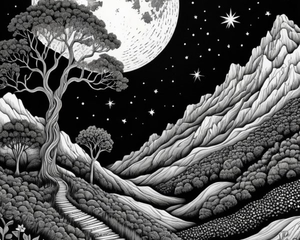 Whimsical Black and White Moonlit Landscape Drawing