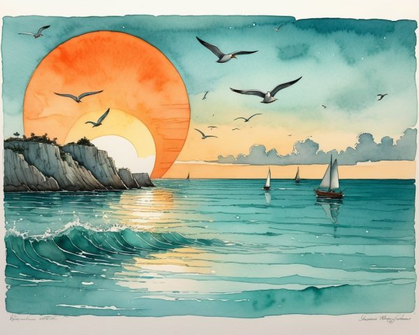 Serene Seascape with Vibrant Sunset and Sailboats