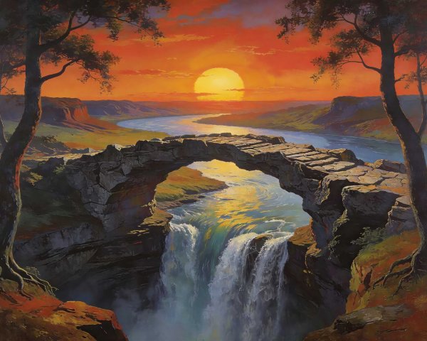 Oil Painting of a Stone Arch Bridge Over a Canyon