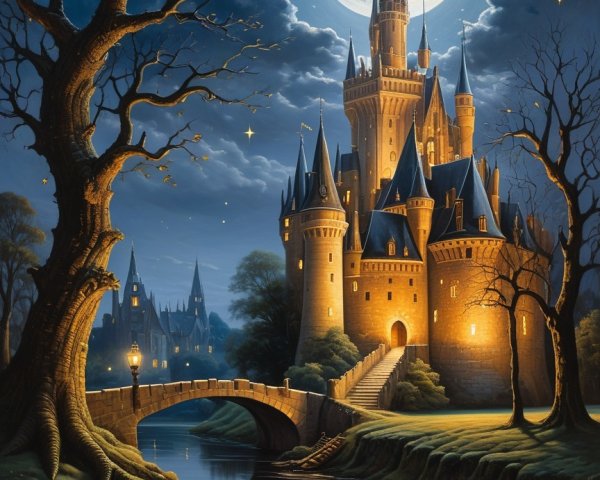 Illuminated castle under moonlight with serene river