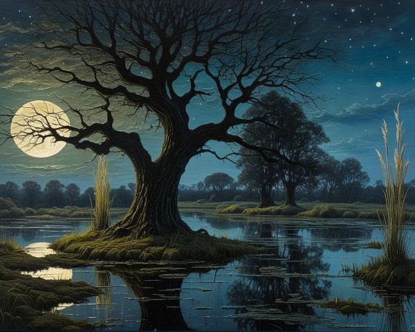 Serene Nighttime Landscape with Moonlit Reflection