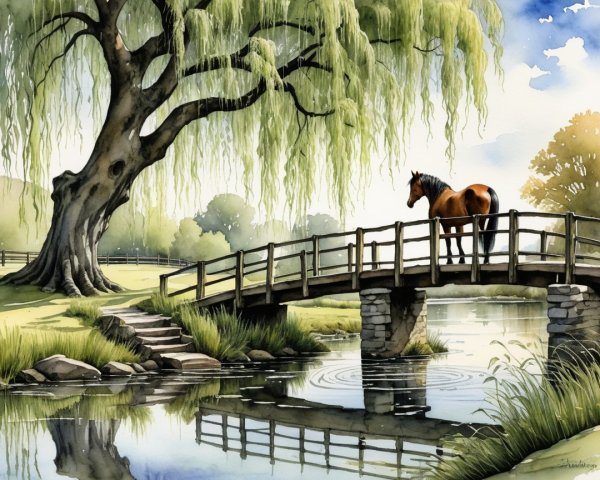 Tranquil Landscape with Horse on Wooden Bridge