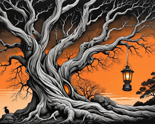 Spooky Banyan Tree Silhouette Against Orange Sky