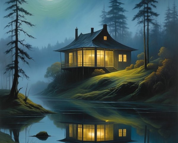 Cozy House by Moonlit Lake with Misty Trees