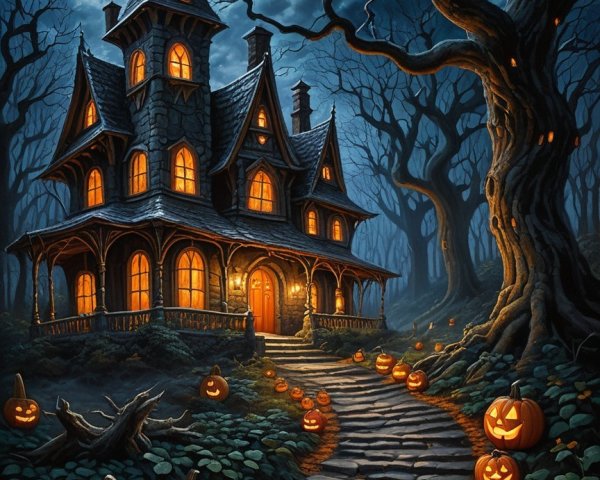Ornate Haunted House Scene Under Full Moonlight