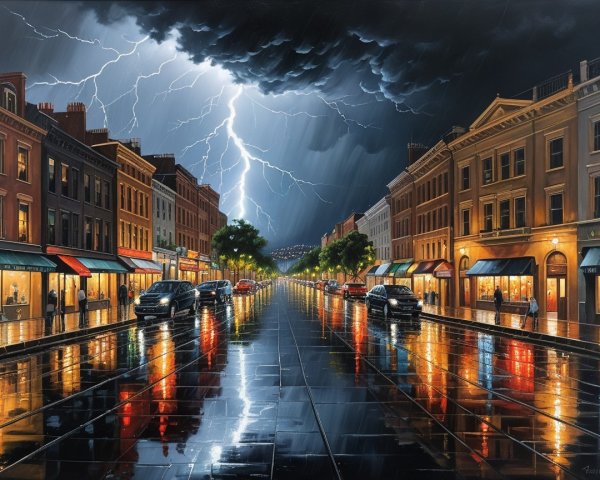 Dramatic Urban Scene During Thunderstorm with Rain