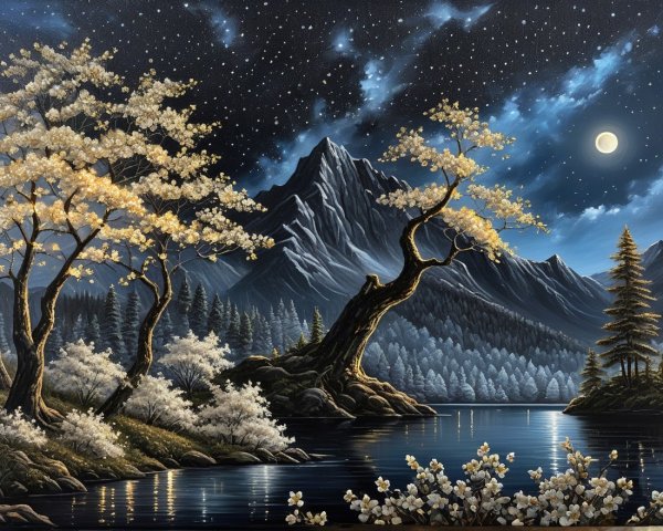 Tranquil Night Landscape with Lake and Starry Sky