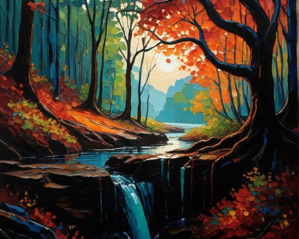 Vibrant Landscape with Waterfall and Autumn Foliage