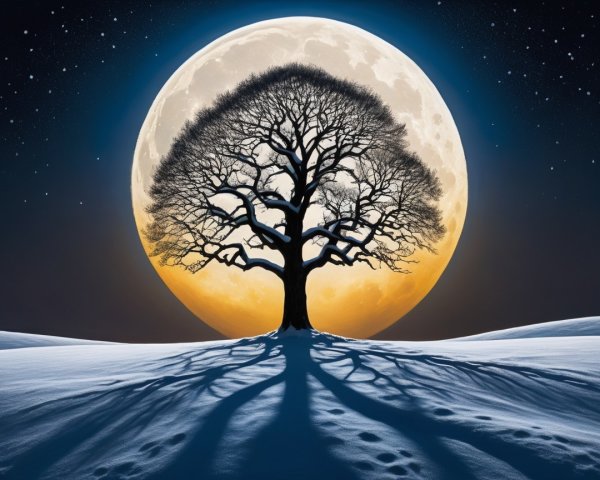 Solitary Tree Under Glowing Full Moon Landscape