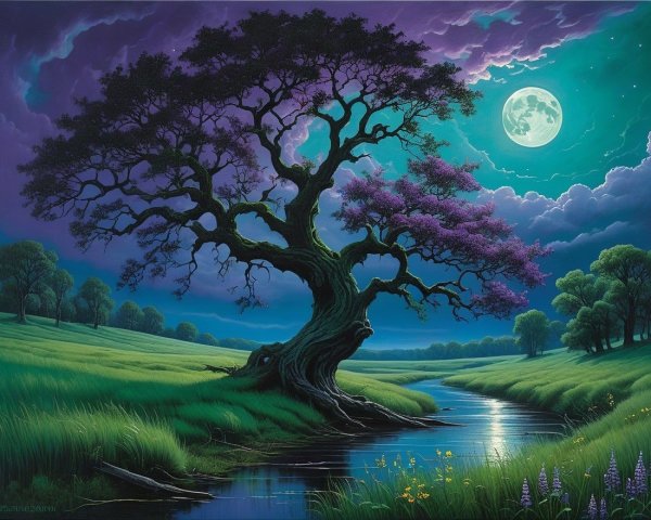 Majestic tree by serene river under moonlight