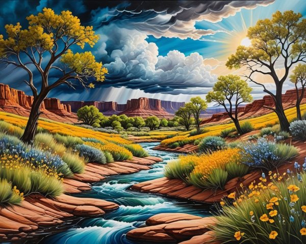Vibrant Landscape with River, Wildflowers, and Rocks