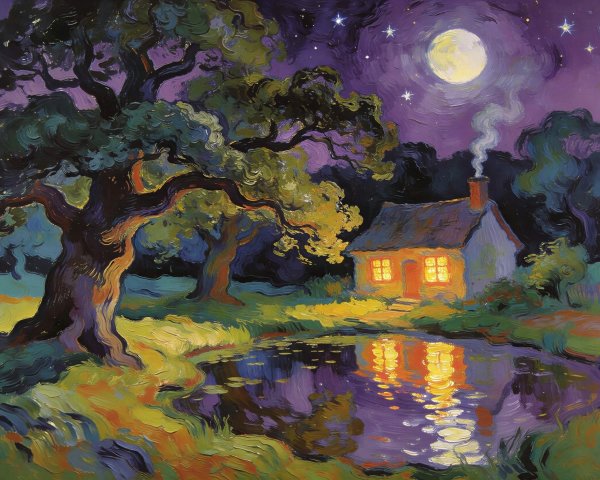 Oil Painting of a Cottage by a Moonlit Pond