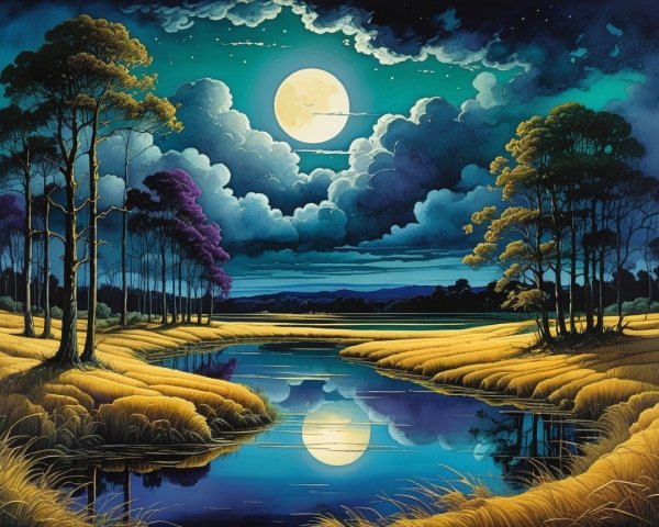 Serene Night Landscape with Full Moon and Tranquil River