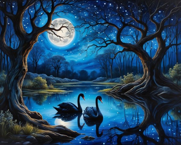 Serene Nighttime Landscape with Swans and Moonlight