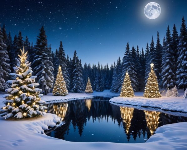 Serene Winter Scene with Moonlit River and Trees