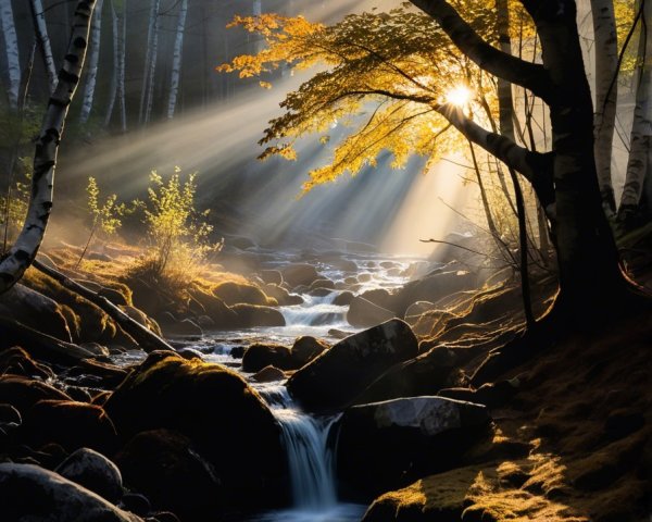 Sunlight Filters Through Trees in Serene Forest Scene
