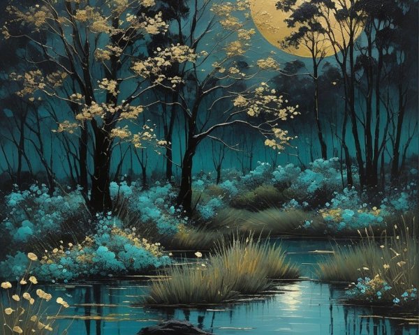 Serene Nighttime Landscape with Moonlit River
