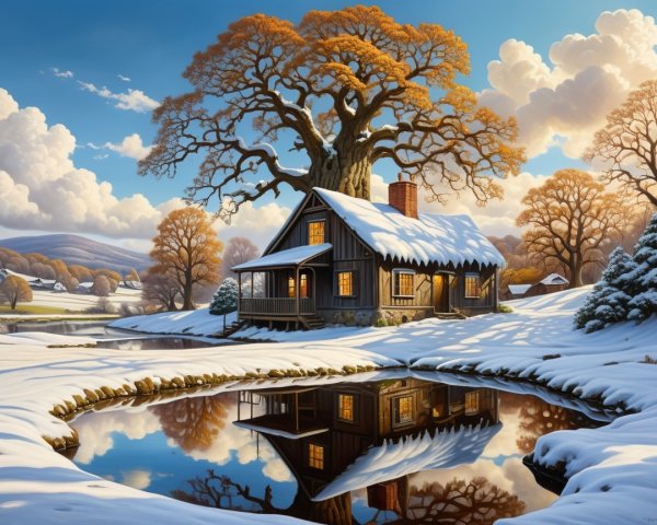 Cozy cabin by serene pond in winter landscape