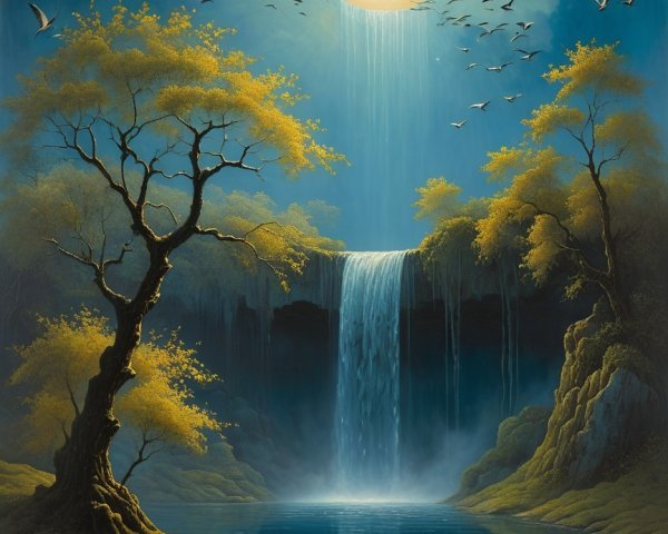 Serene Night Scene with Full Moon and Waterfall