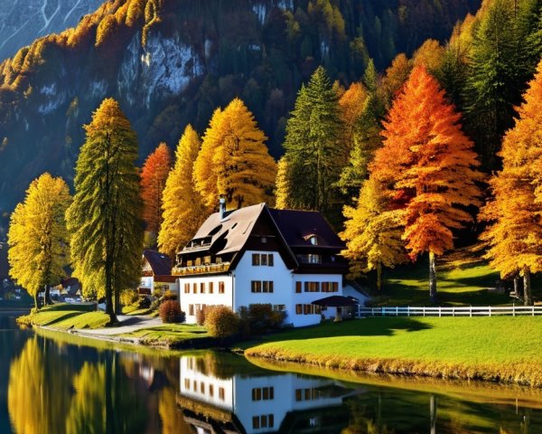 Charming White House by Tranquil Lake in Autumn景色