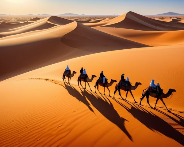 Desert Landscape with Camels and Sand Dunes