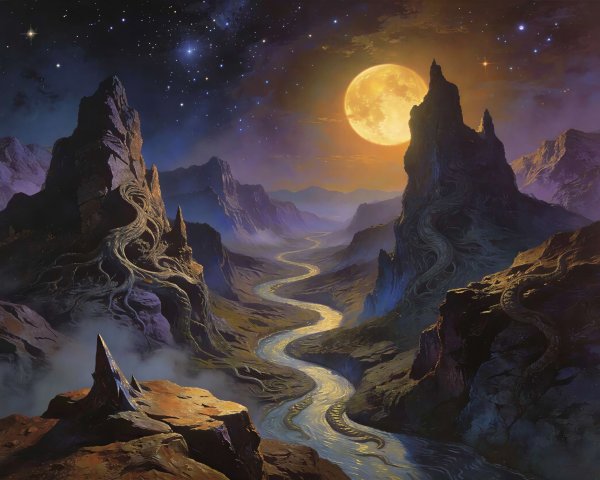 Panoramic Nighttime Landscape with River and Mountains