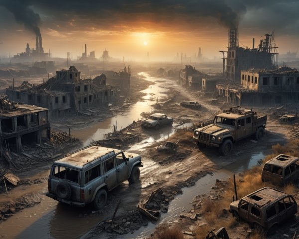 Desolate Landscape with Abandoned Buildings at Sunset