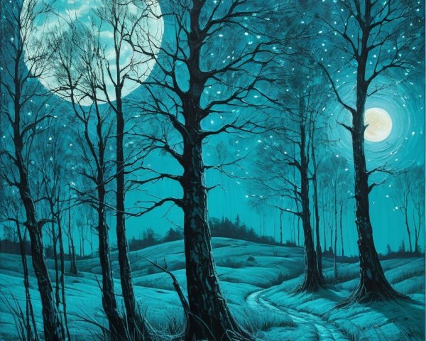 Serene Night Landscape with Two Moons and Trees
