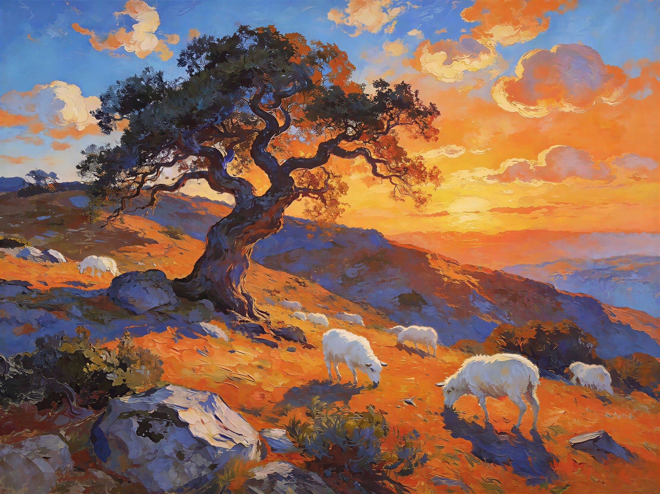 Dramatic Sunset Over Hilly Landscape in Oil Painting