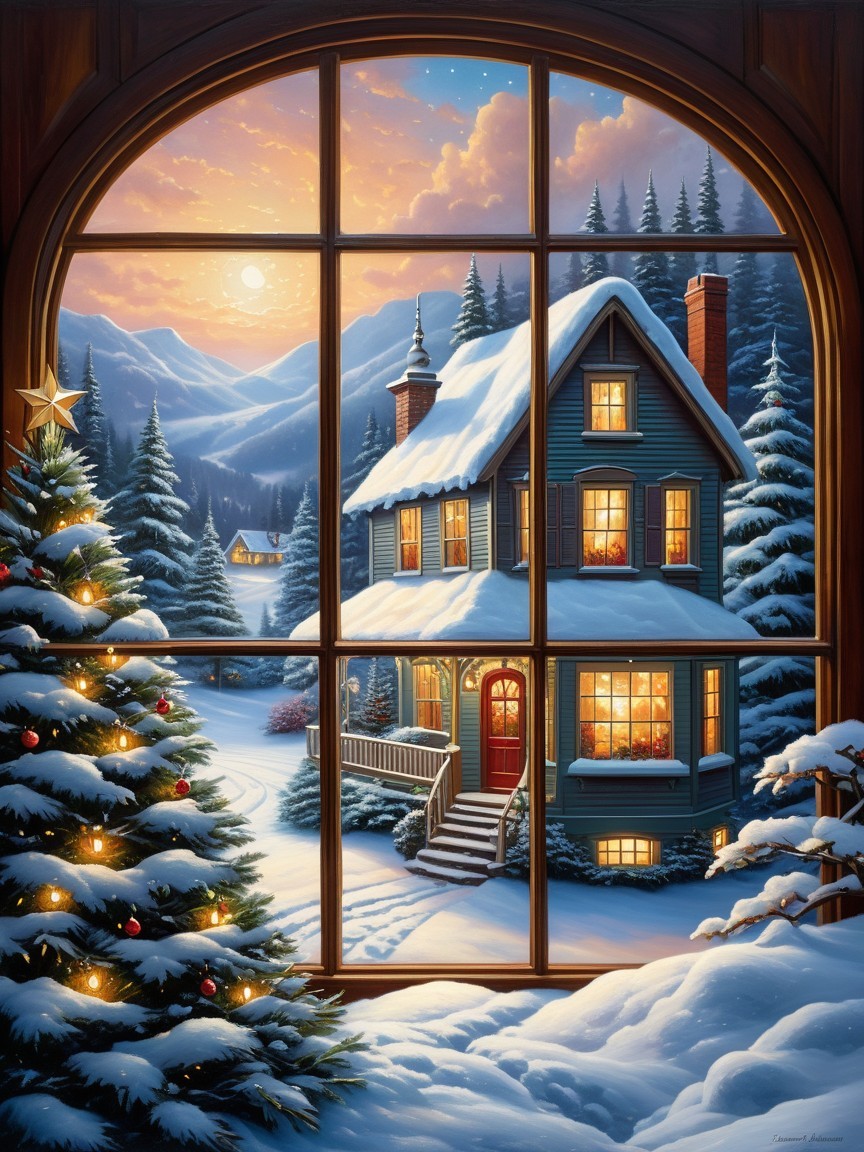 Winter Scene Through Arched Window with Cozy Details