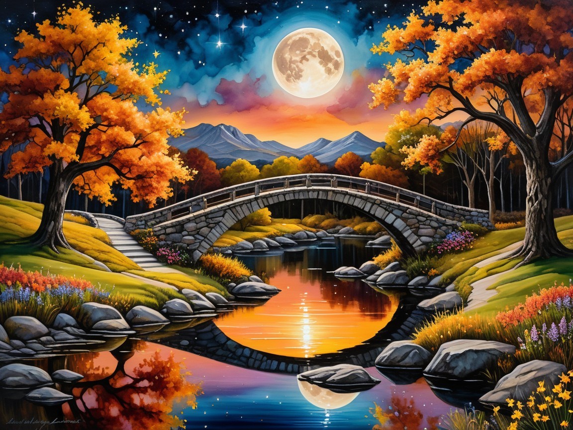 Autumn Scene with Stone Bridge and Tranquil River