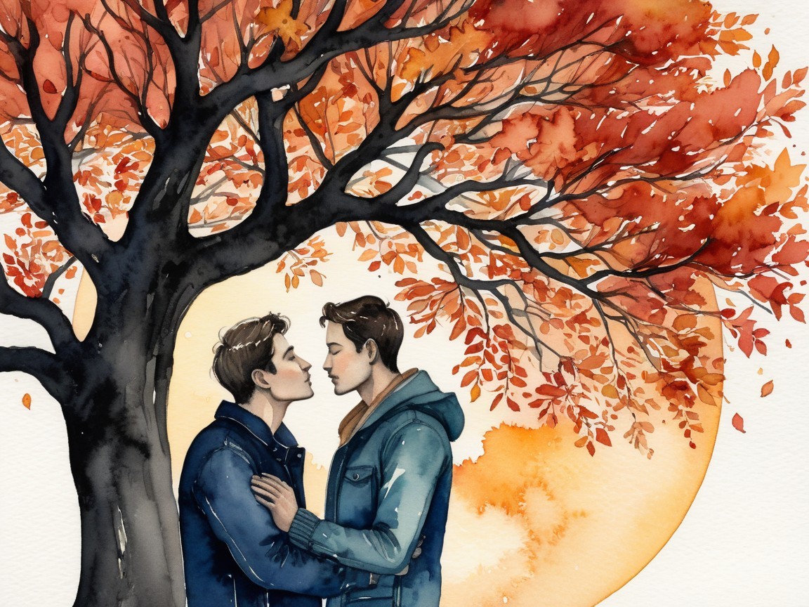 Young men sharing a tender moment under autumn leaves