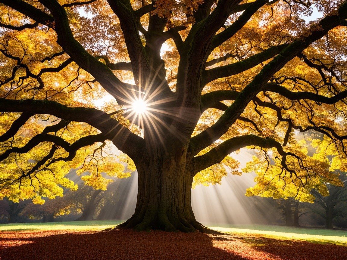 Majestic tree in vibrant autumn landscape with sunlight