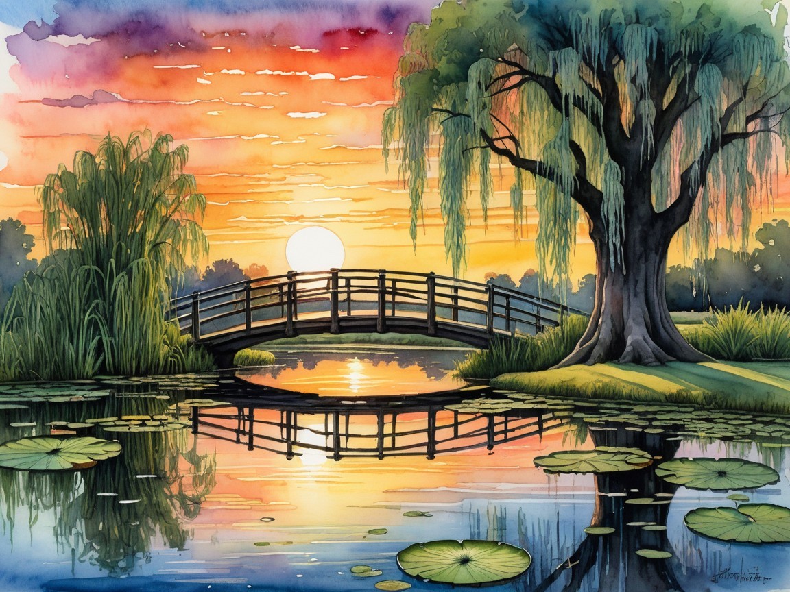 Tranquil Pond at Sunset with Wooden Bridge and Lilies