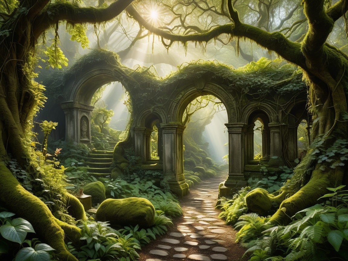Mystical Forest with Ancient Ruins and Lush Greenery