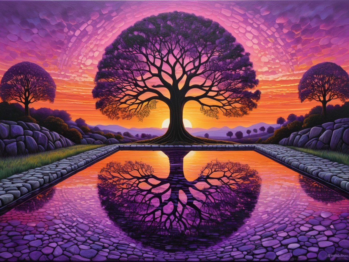 Vibrant Sunset Over Majestic Tree and Calm Pond