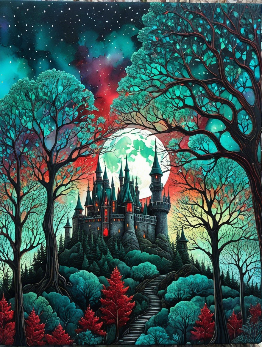 Mystical castle in a vibrant enchanted forest scene