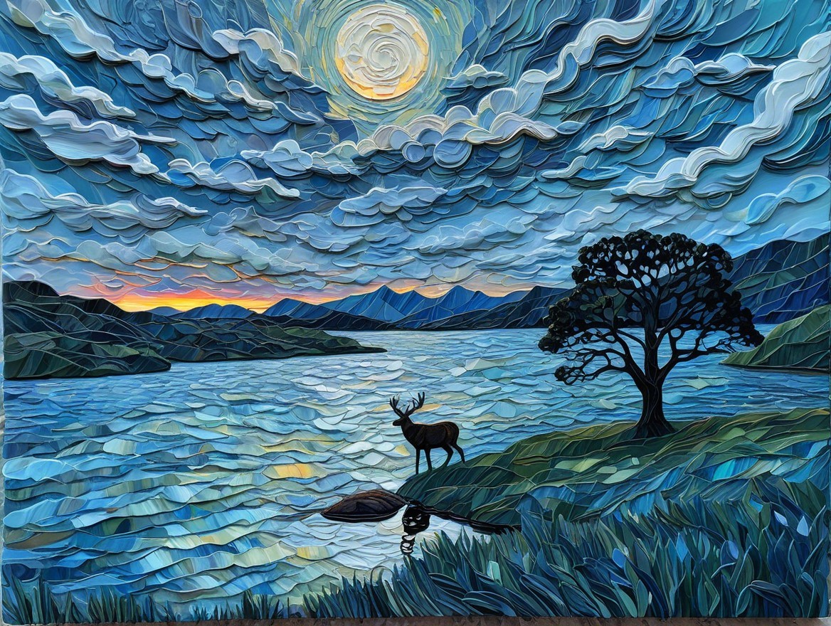 Tranquil Landscape with Lake, Mountains, and Stag