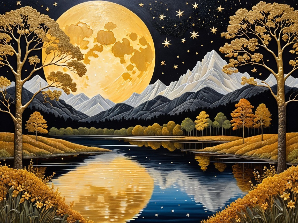 Serene Night Landscape with Golden Full Moon and Mountains