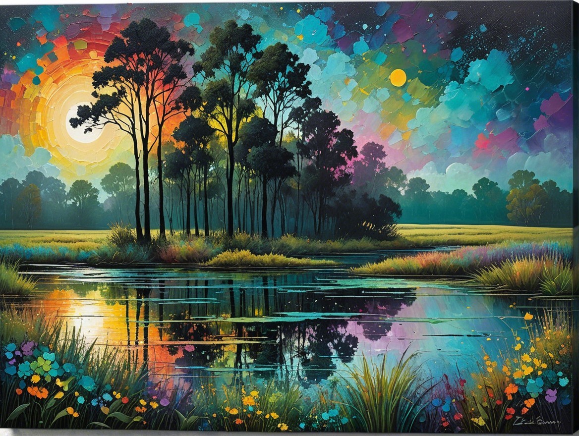 Serene Lake Landscape with Colorful Sky and Flora