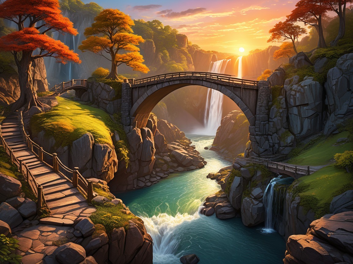 Stone Bridge Over Turquoise River with Waterfalls