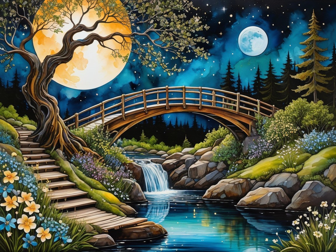 Nighttime Scene of a Wooden Bridge Over a River