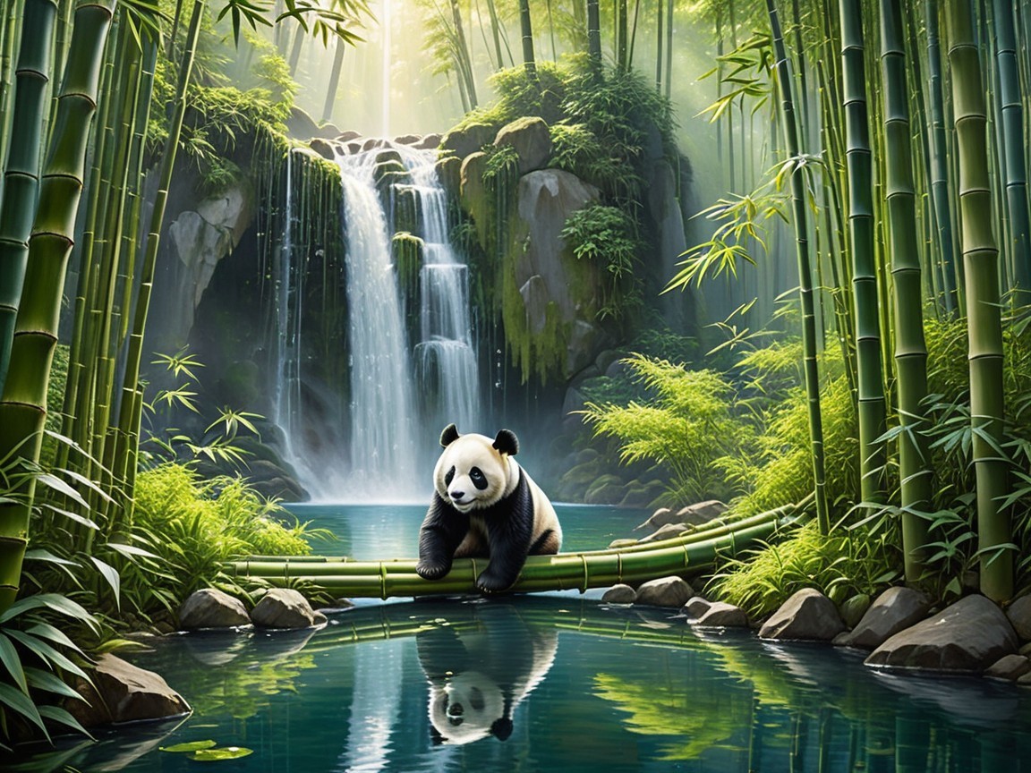 Panda in a Tranquil Bamboo Forest with Waterfall
