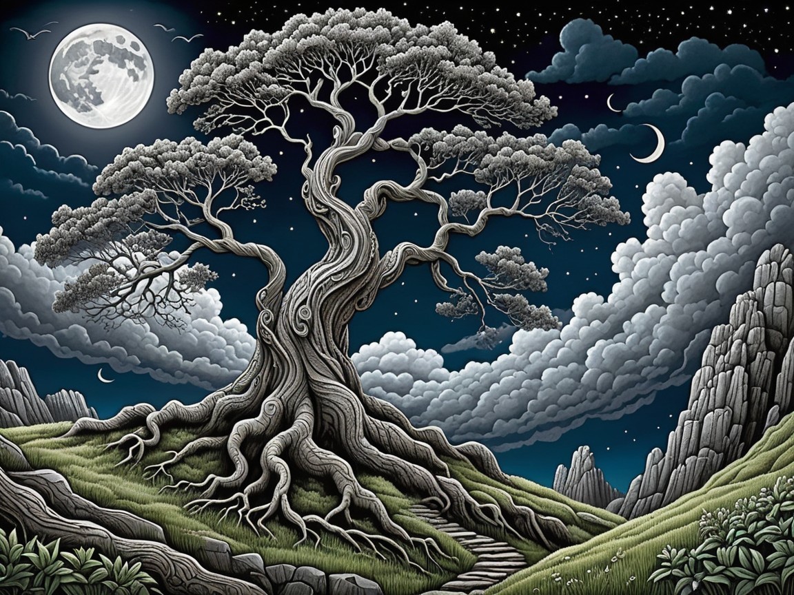 Majestic Old Tree Under Dramatic Night Sky