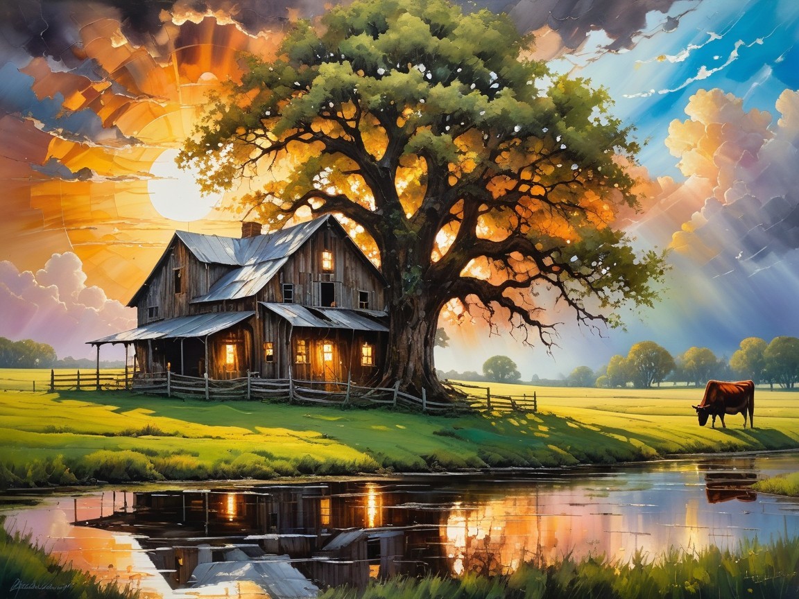 Rural Scene with Barn, Pond, and Sunset Sky