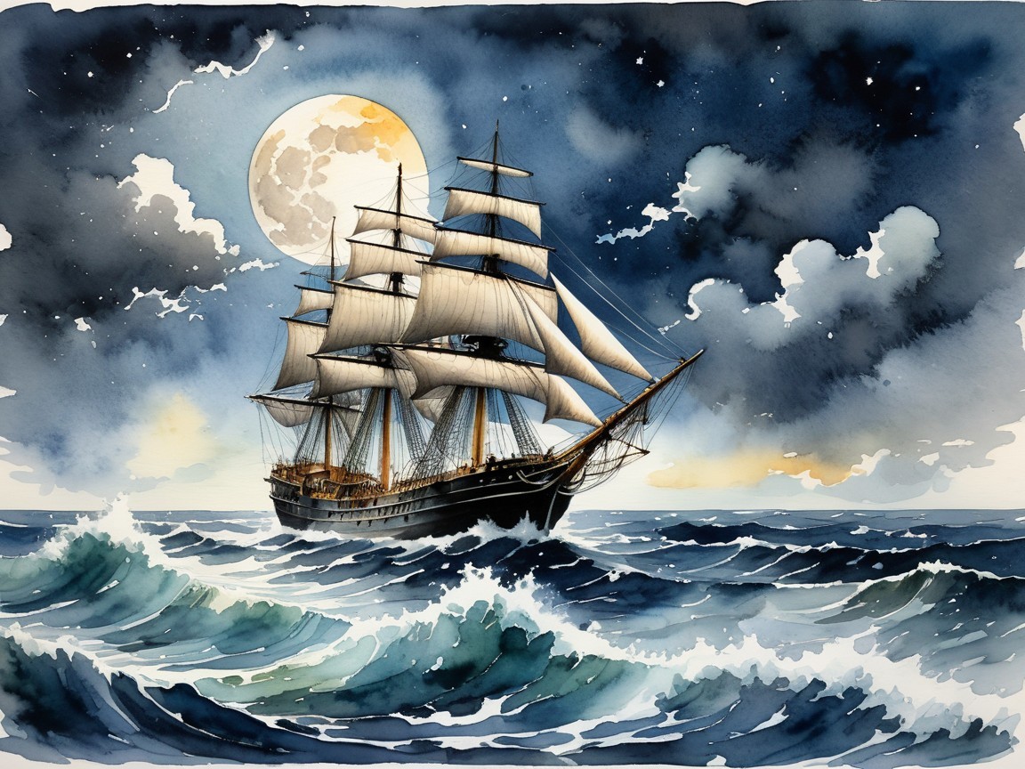 Tall Ship Sailing Through Moonlit Turbulent Waters