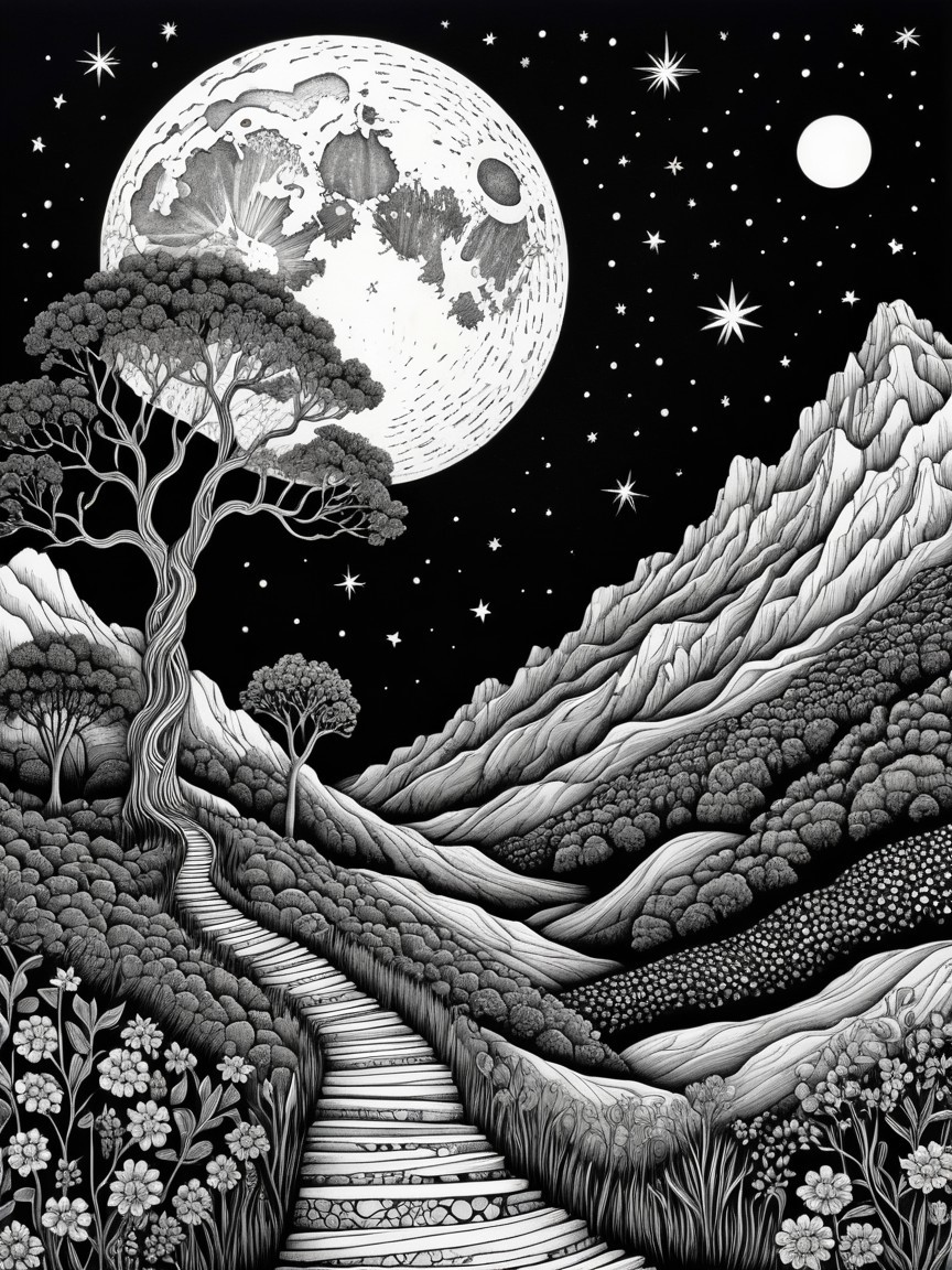 Whimsical Black and White Moonlit Landscape Drawing