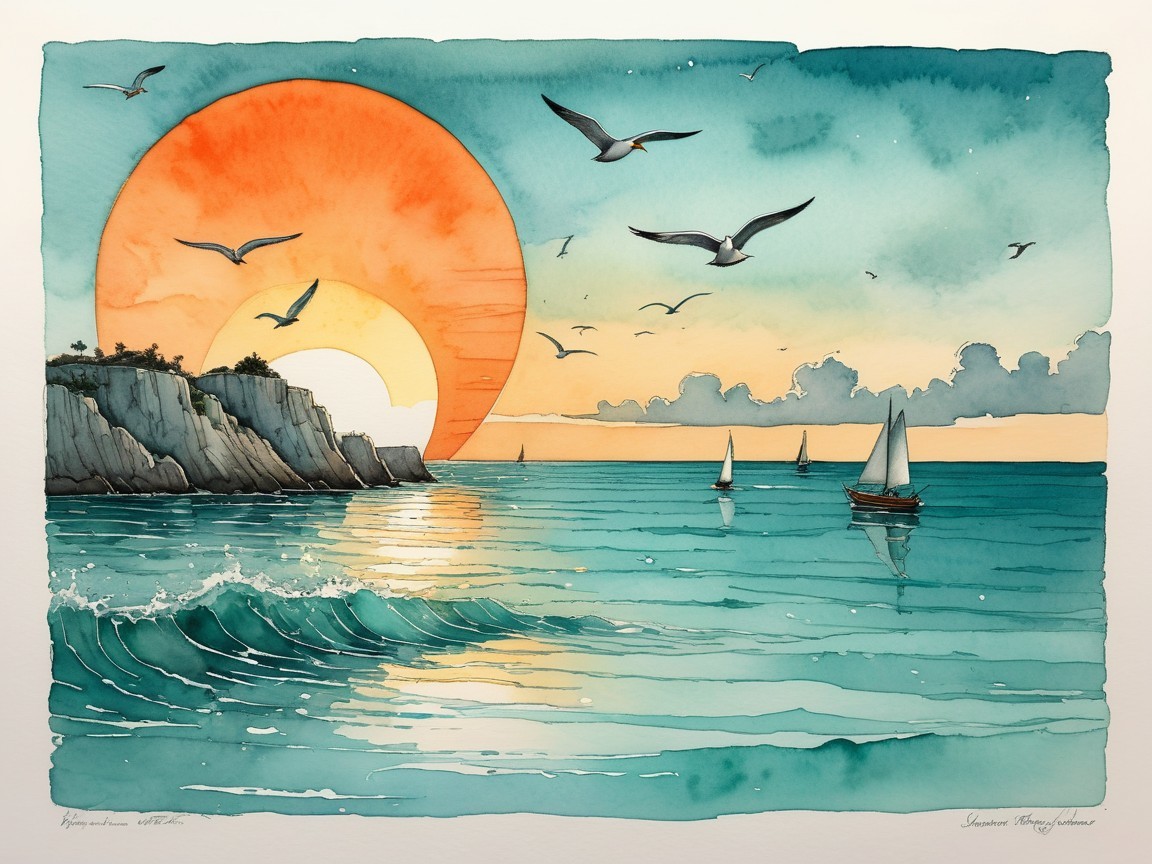 Serene Seascape with Vibrant Sunset and Sailboats