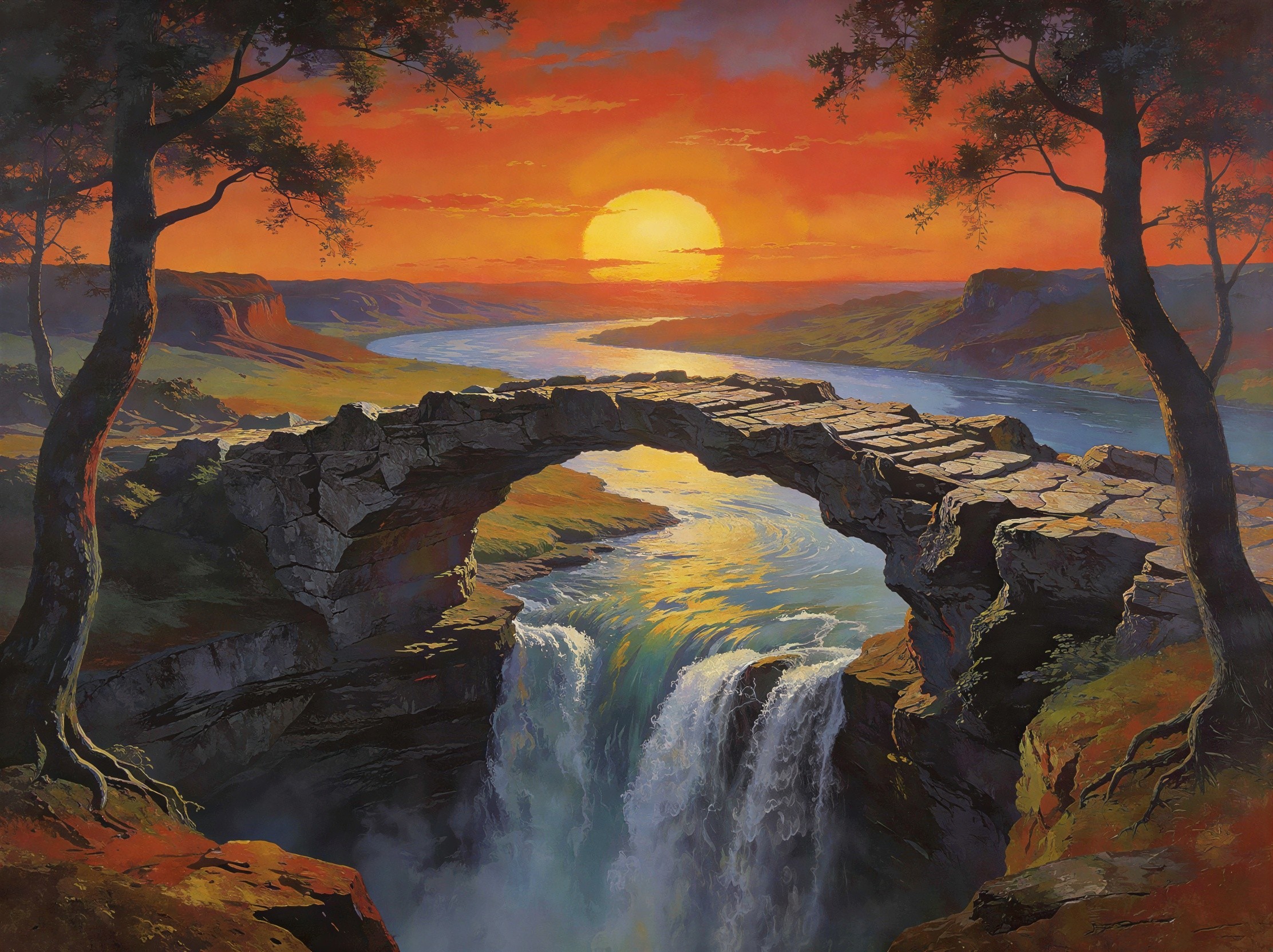Oil Painting of a Stone Arch Bridge Over a Canyon