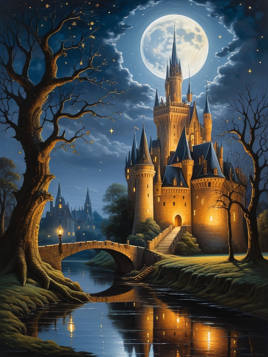 Illuminated castle under moonlight with serene river